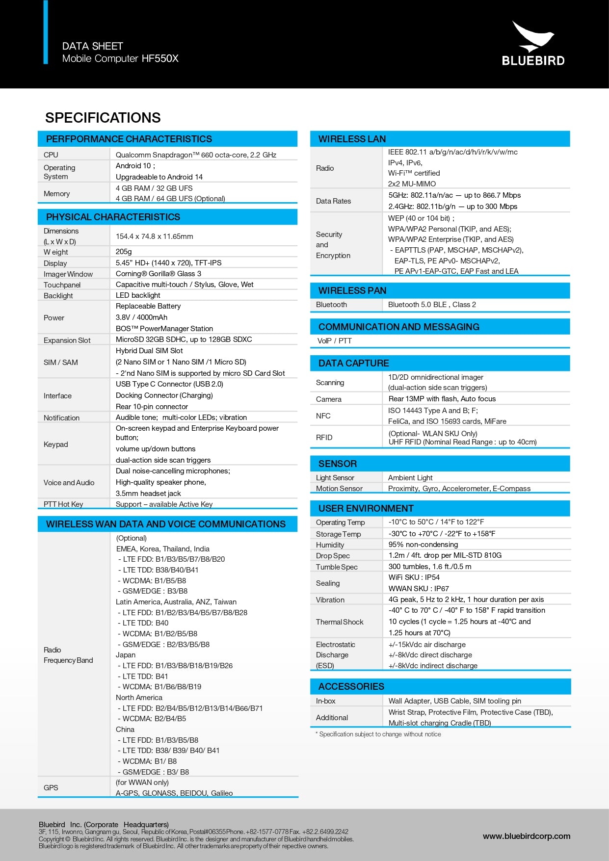 BLUEBIRD HF500X(with RFID) 業務用Androidスマートフォン 【取り寄せ品/割引調整可能】